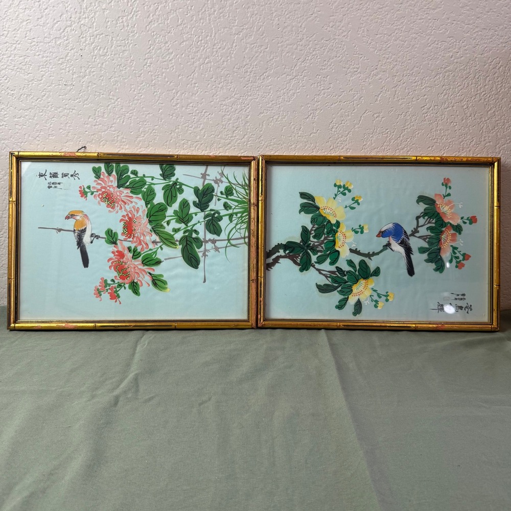 Vintage Chinese Silk Bird Flower Paintings Pair Gold Faux Bamboo Framed Art Set